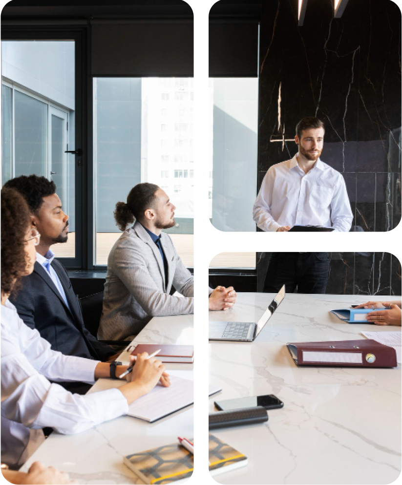 Close-up of business professionals reviewing insurance agency financial reports on laptop and tablet during valuation meeting.